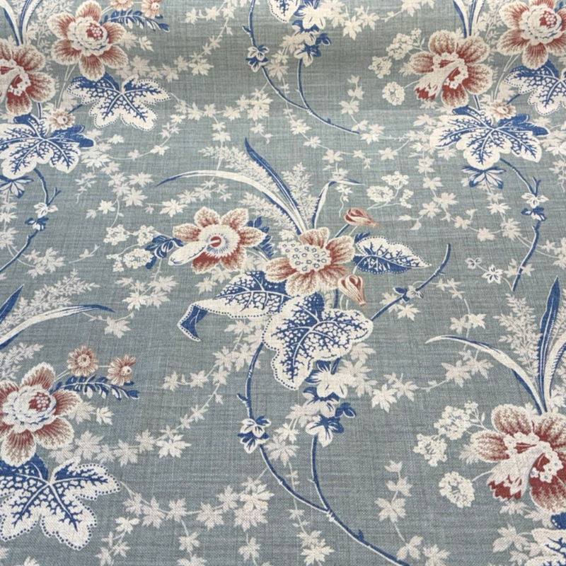 Stonington Seaspray Cotton Linen Blend Fabric - Vintage Floral, Sea Green, Rose, Federal Blue, White, 54" Width (1 Yard)
