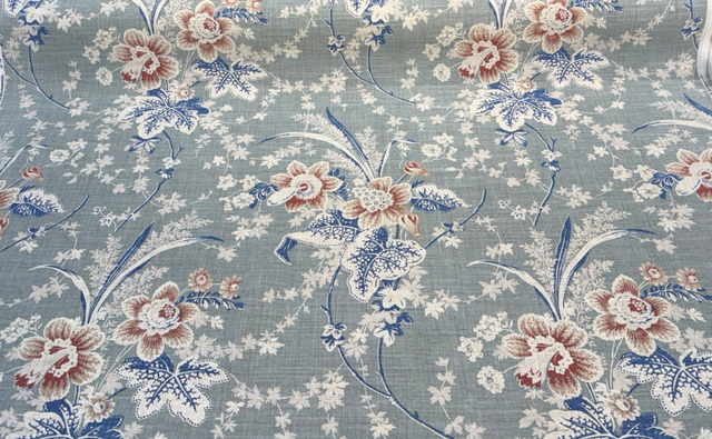 Stonington Seaspray Cotton Linen Blend Fabric - Vintage Floral, Sea Green, Rose, Federal Blue, White, 54" Width (1 Yard)