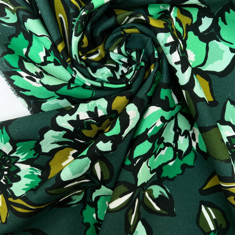 Linen Viscose Floral Print Green Black