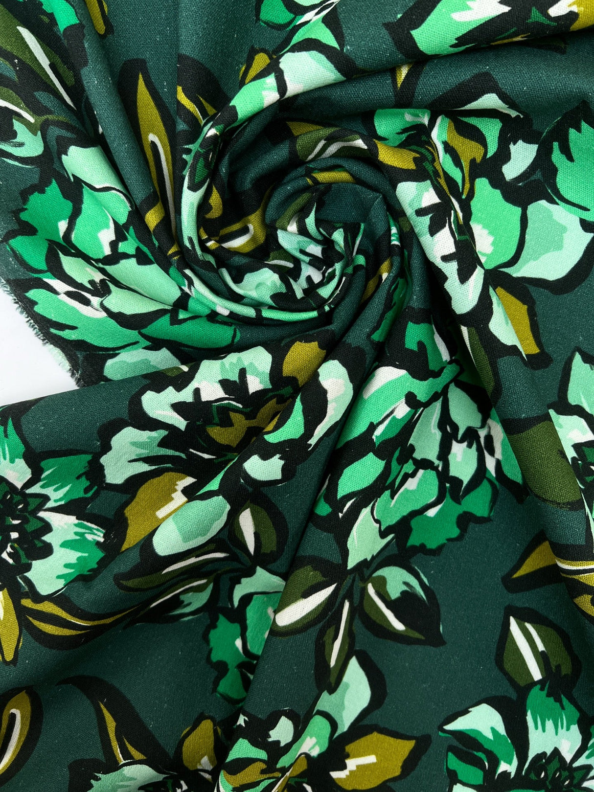 Linen Viscose Floral Print Green Black