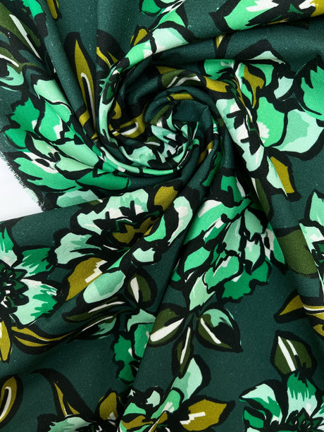 Linen Viscose Floral Print Green Black