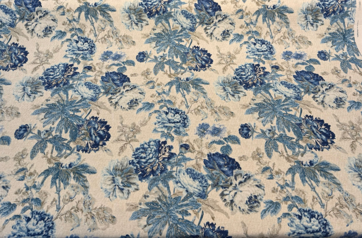 Waverly Daphne Blue Luna Linen Floral Cotton Linen Fabric - Blue Floral Botanical Print, 54" Width (1 Yard)