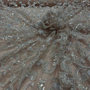 1 Yard Champagne Beaded Lace Fabric Embroidered on Polyester Mesh, 53" Wide,