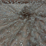 1 Yard Champagne Beaded Lace Fabric Embroidered on Polyester Mesh, 53" Wide,