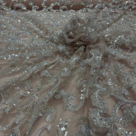 Beaded Lace Fabric Embroidered Mesh Champagne