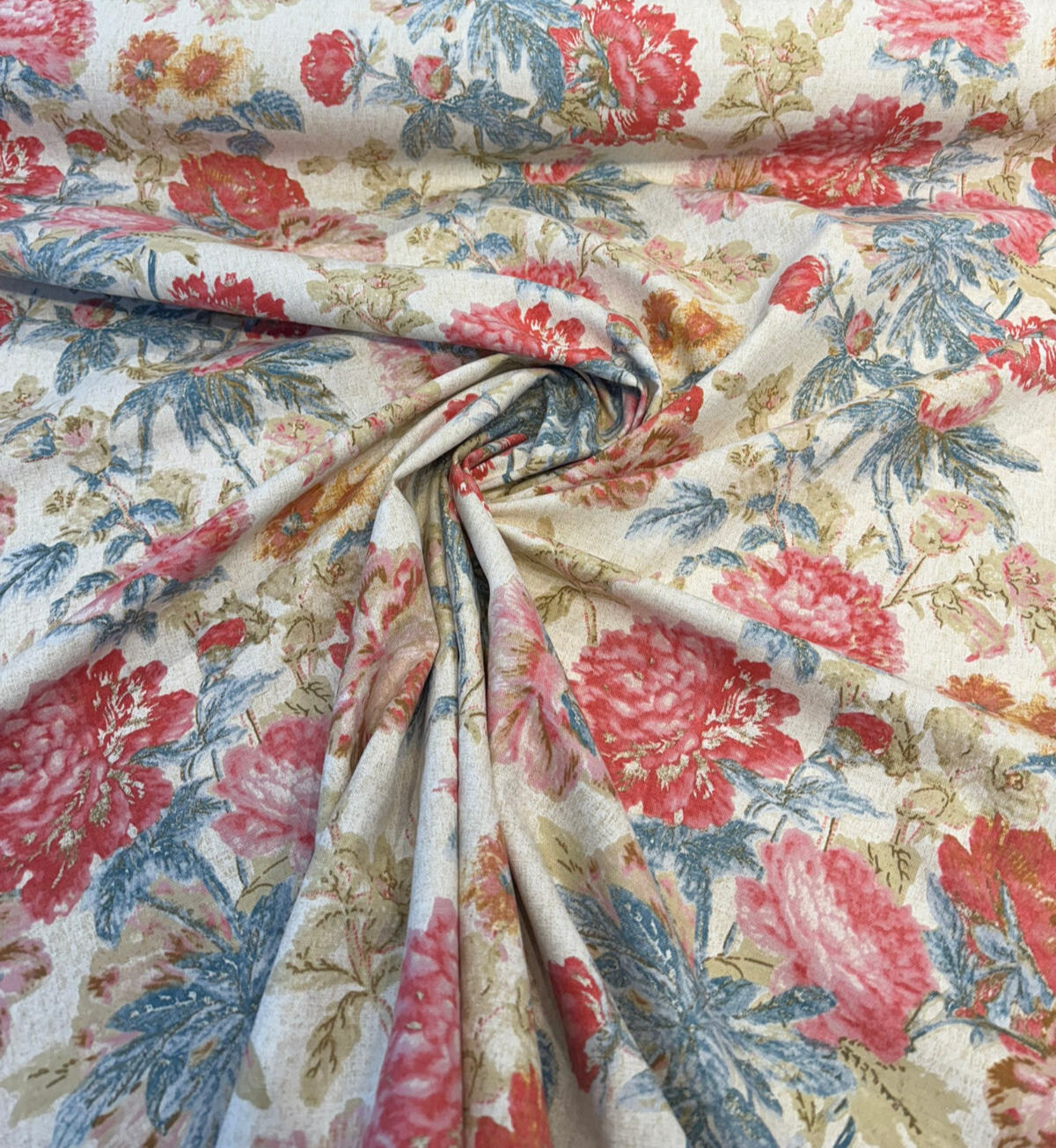 Daphne Tearose 100 Percent Cotton Duck Fabric - Floral Print, Pink Blue Beige Orange Brown, 54" Width (1 Yard)