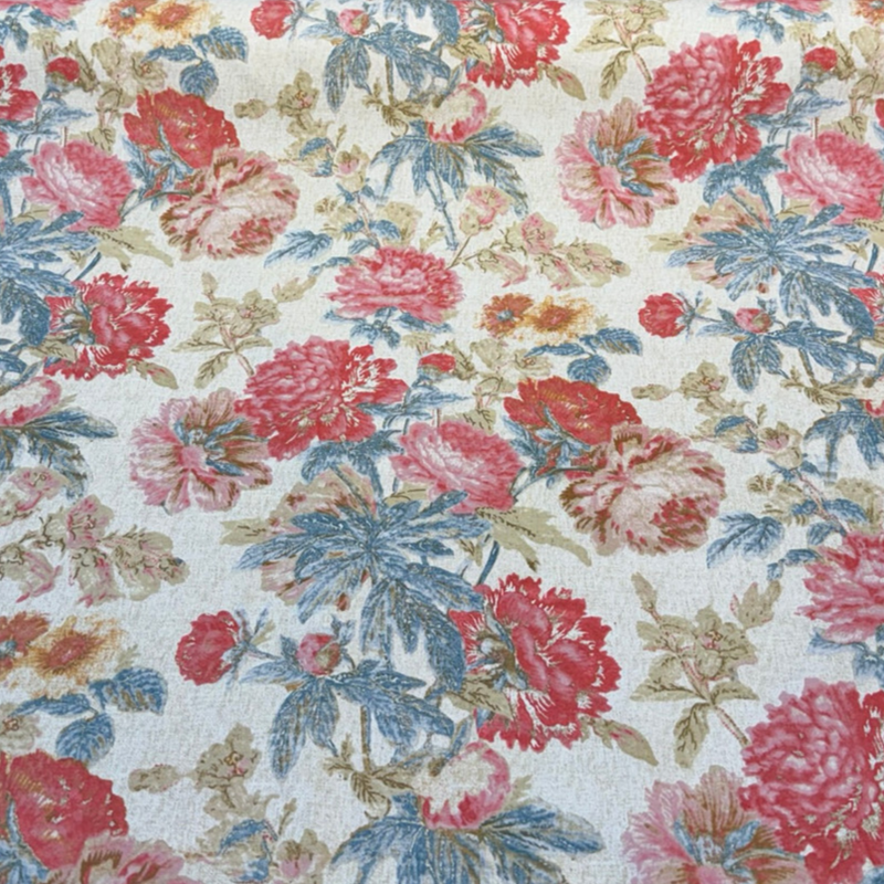 Daphne Tearose 100 Percent Cotton Duck Fabric - Floral Print, Pink Blue Beige Orange Brown, 54" Width (1 Yard)