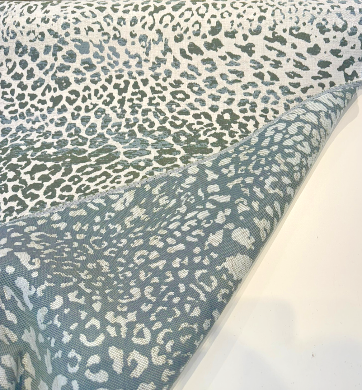 Sunbrella Instinct Willow Leopard Acrylic Fabric - Green, Blue-Gray, Off-White Leopard Print, 54" Width (1 Yard)