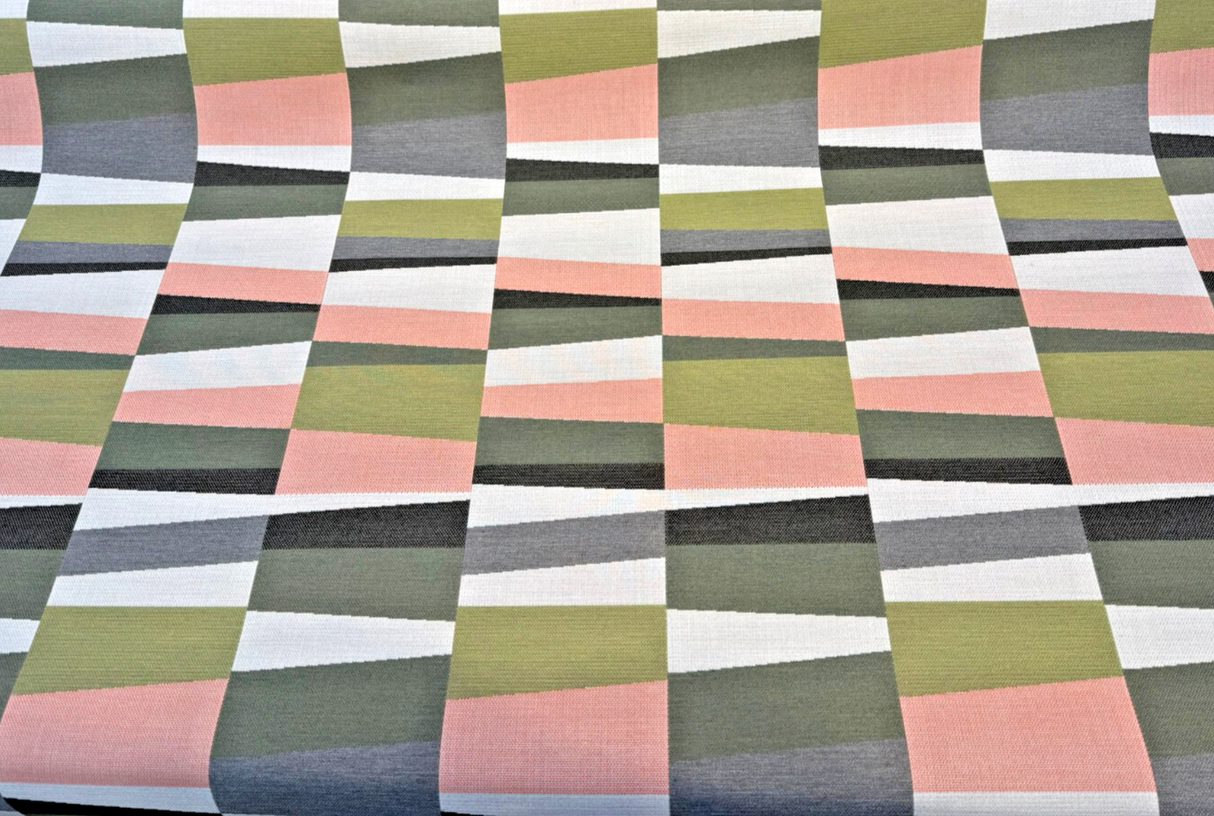 Sunbrella Patchwork Laurel Acrylic Fabric - Olive Green, Clay Pink, Gray, Cream Geometric Pattern, 54" Width (1 Yard)