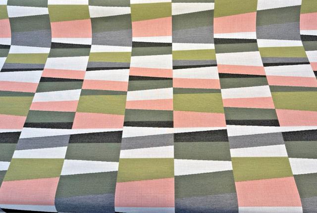 Sunbrella Patchwork Laurel Acrylic Fabric - Olive Green, Clay Pink, Gray, Cream Geometric Pattern, 54" Width (1 Yard)