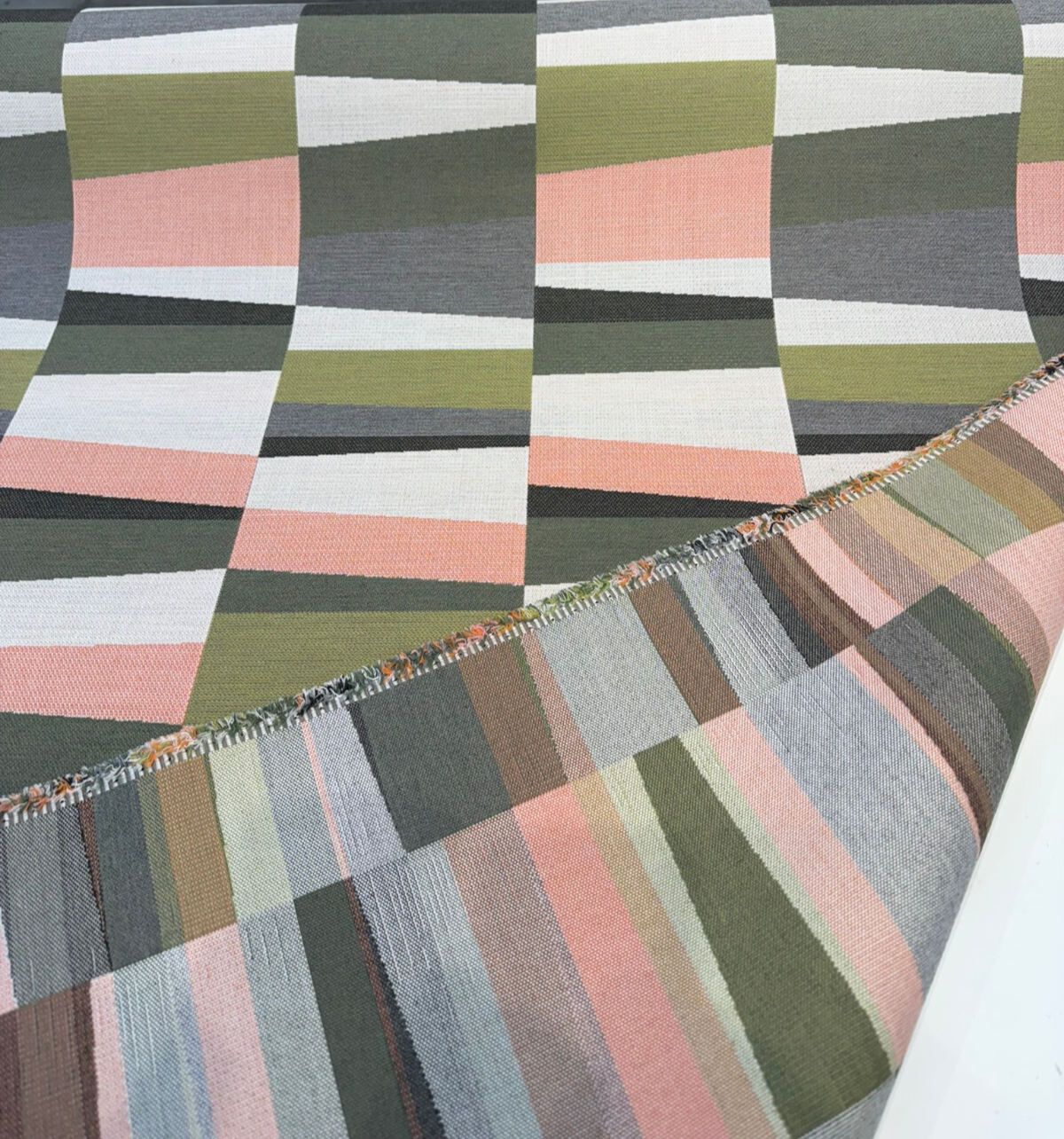 Sunbrella Patchwork Laurel Acrylic Fabric - Olive Green, Clay Pink, Gray, Cream Geometric Pattern, 54" Width (1 Yard)