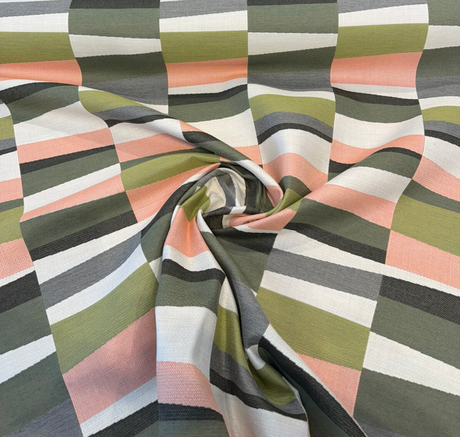 Sunbrella Patchwork Laurel Acrylic Fabric - Olive Green, Clay Pink, Gray, Cream Geometric Pattern, 54" Width (1 Yard)