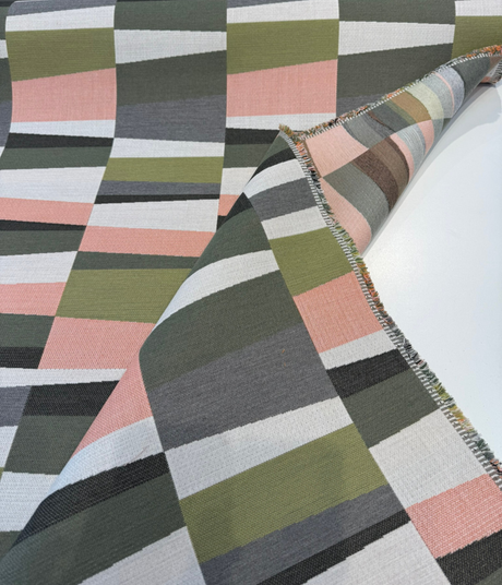 Sunbrella Patchwork Laurel Acrylic Fabric - Olive Green, Clay Pink, Gray, Cream Geometric Pattern, 54" Width (1 Yard)