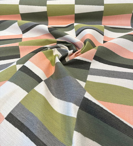 Sunbrella Patchwork Laurel Acrylic Fabric - Olive Green, Clay Pink, Gray, Cream Geometric Pattern, 54" Width (1 Yard)
