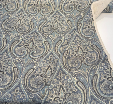 Waverly Quiet Place Cotton Linen Blend Fabric - Ink Blue Damask, 54" Width, 17.75" Vertical Repeat, 13.5" Horizontal Repeat (1 Yard)