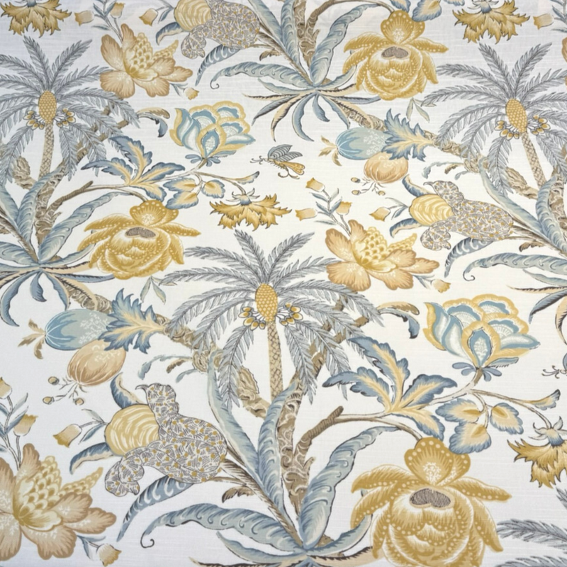 Waverly Fiji Flora Blond Cotton Fabric - Tropical Floral Print, Blond Gold, Pale Denim Blue, 54" Width (1 Yard)