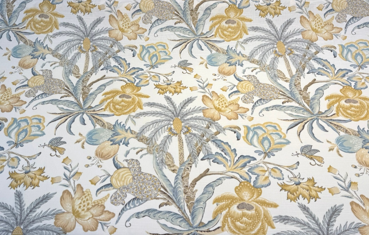 Waverly Fiji Flora Blond Cotton Fabric - Tropical Floral Print, Blond Gold, Pale Denim Blue, 54" Width (1 Yard)