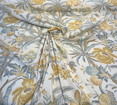 Waverly Fiji Flora Blond Cotton Fabric - Tropical Floral Print, Blond Gold, Pale Denim Blue, 54" Width (1 Yard)