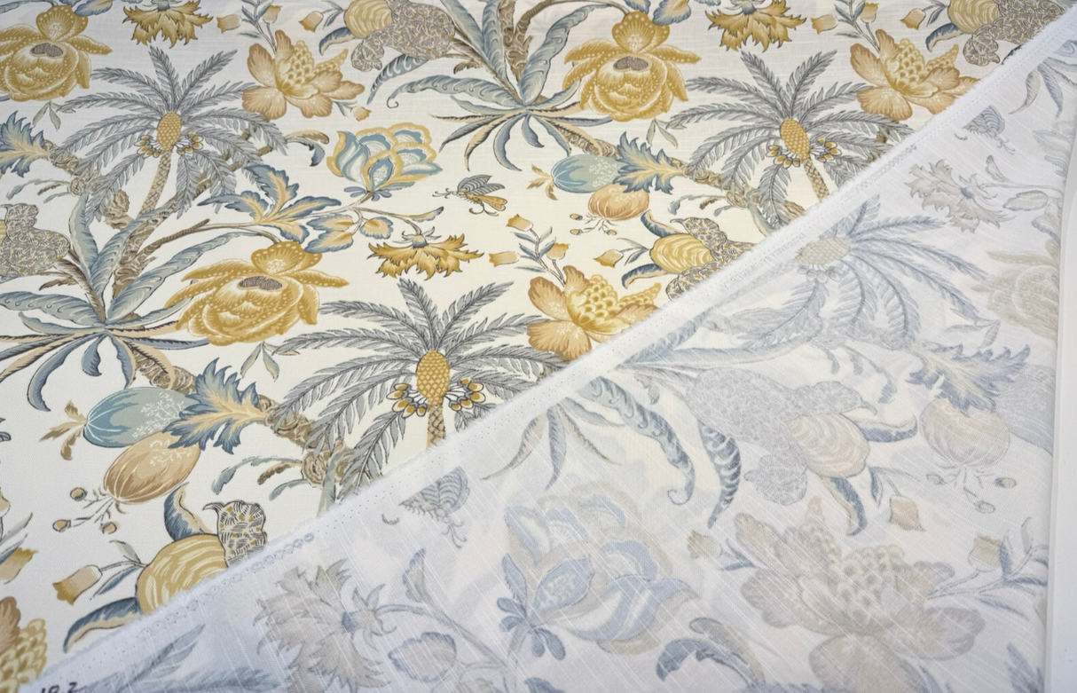 Waverly Fiji Flora Blond Cotton Fabric - Tropical Floral Print, Blond Gold, Pale Denim Blue, 54" Width (1 Yard)