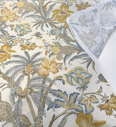 Waverly Fiji Flora Blond Cotton Fabric - Tropical Floral Print, Blond Gold, Pale Denim Blue, 54" Width (1 Yard)