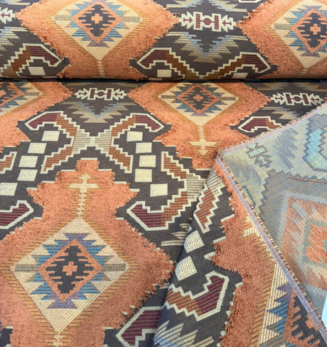 Longview Adobe Emb Chenille Upholstery Fabric - Southwestern Geometric, Adobe Rust, Gold, Slate Blue, Beige, 58" Width (1 Yard)