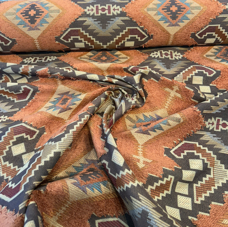 Longview Adobe Emb Chenille Upholstery Fabric - Southwestern Geometric, Adobe Rust, Gold, Slate Blue, Beige, 58" Width (1 Yard)