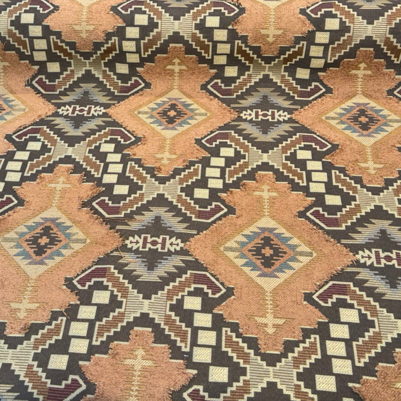Longview Adobe Emb Chenille Upholstery Fabric - Southwestern Geometric, Adobe Rust, Gold, Slate Blue, Beige, 58" Width (1 Yard)