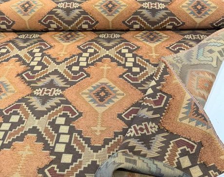 Longview Adobe Emb Chenille Upholstery Fabric - Southwestern Geometric, Adobe Rust, Gold, Slate Blue, Beige, 58" Width (1 Yard)