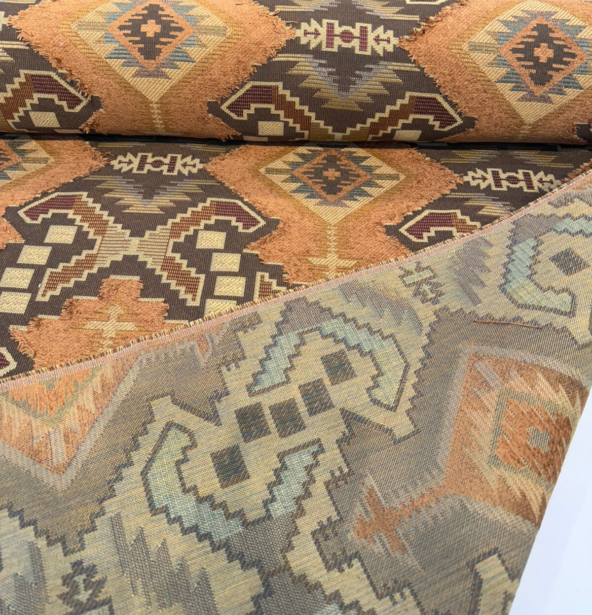 Longview Adobe Emb Chenille Upholstery Fabric - Southwestern Geometric, Adobe Rust, Gold, Slate Blue, Beige, 58" Width (1 Yard)