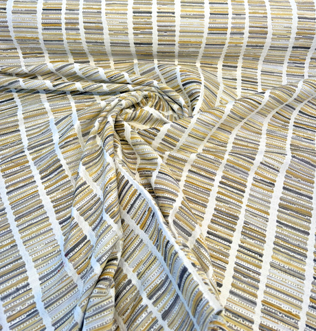 Blackbook Goldenrod Chenille Upholstery Fabric - Goldenrod, Ivory, Charcoal, Taupe Vertical Stripe, 55" Width (1 Yard)