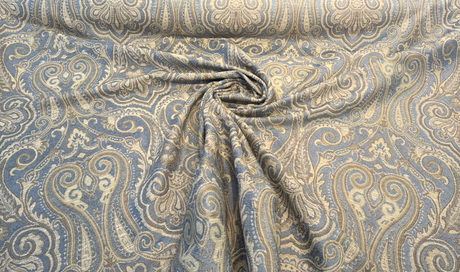 Waverly Clubroom Paisley Damask Lagoon Chenille Fabric - Lagoon Blue, Taupe, Ivory, Beige, Soft Gold, 54" Width (1 Yard)