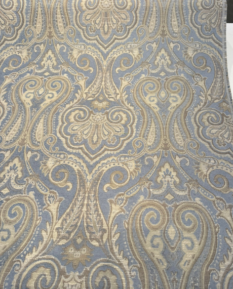 Waverly Clubroom Paisley Damask Lagoon Chenille Fabric - Lagoon Blue, Taupe, Ivory, Beige, Soft Gold, 54" Width (1 Yard)