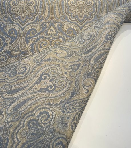 Waverly Clubroom Paisley Damask Lagoon Chenille Fabric - Lagoon Blue, Taupe, Ivory, Beige, Soft Gold, 54" Width (1 Yard)