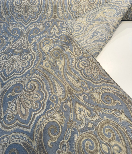 Waverly Clubroom Paisley Damask Lagoon Chenille Fabric - Lagoon Blue, Taupe, Ivory, Beige, Soft Gold, 54" Width (1 Yard)