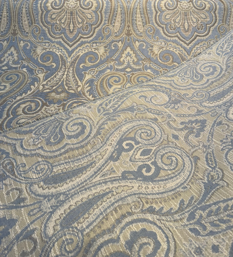 Waverly Clubroom Paisley Damask Lagoon Chenille Fabric - Lagoon Blue, Taupe, Ivory, Beige, Soft Gold, 54" Width (1 Yard)