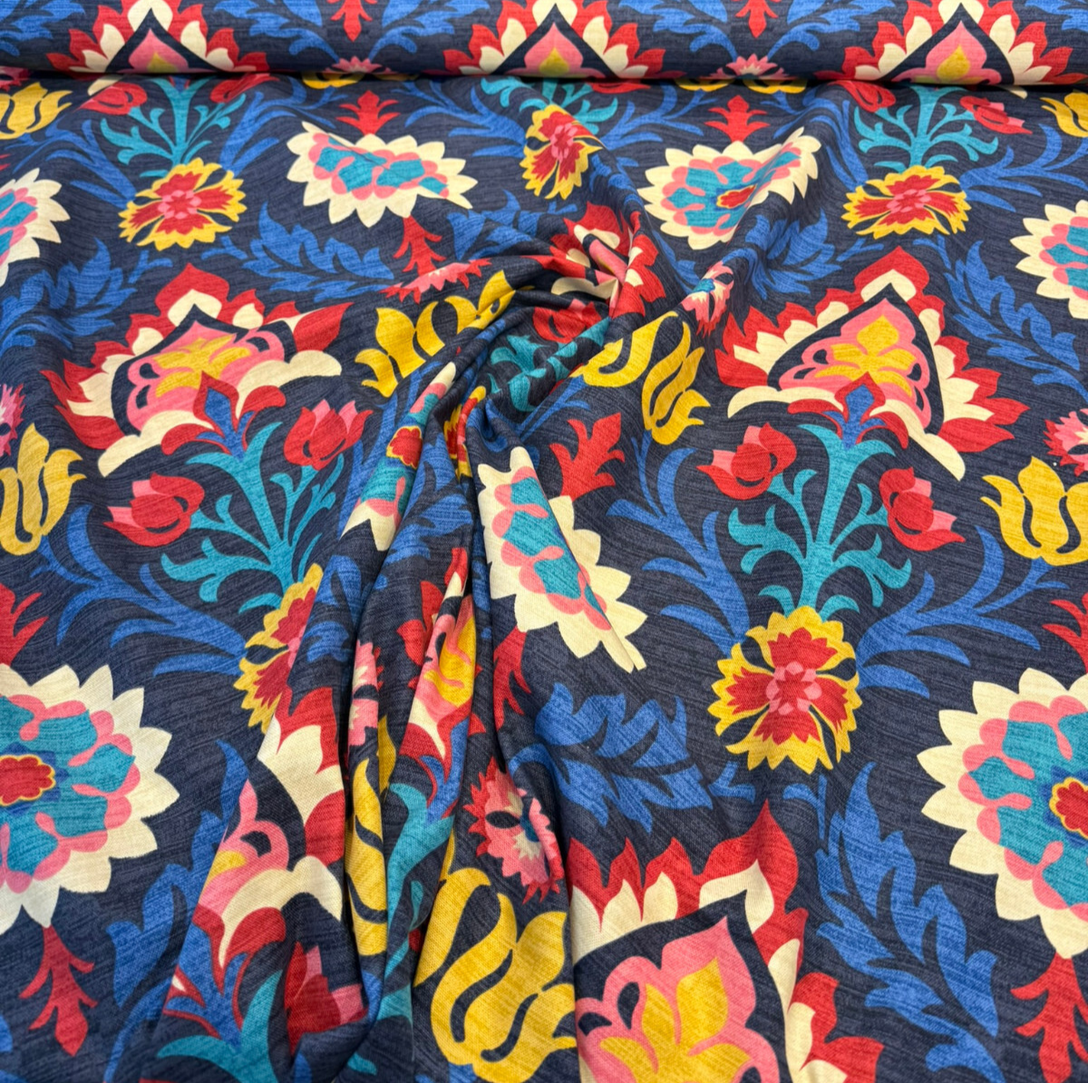 Santa Maria Lapis Printed Cotton Duck Fabric - Floral Damask, Cream/Navy Blue/Maroon, 54" Width (1 Yard)