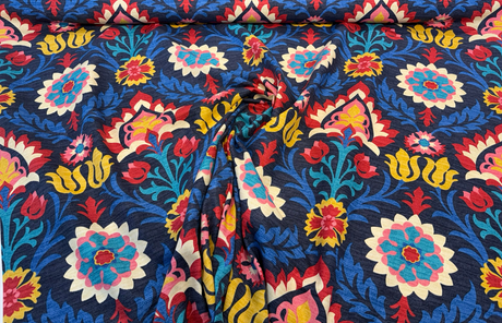 Santa Maria Lapis Printed Cotton Duck Fabric - Floral Damask, Cream/Navy Blue/Maroon, 54" Width (1 Yard)