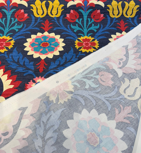 Santa Maria Lapis Printed Cotton Duck Fabric - Floral Damask, Cream/Navy Blue/Maroon, 54" Width (1 Yard)
