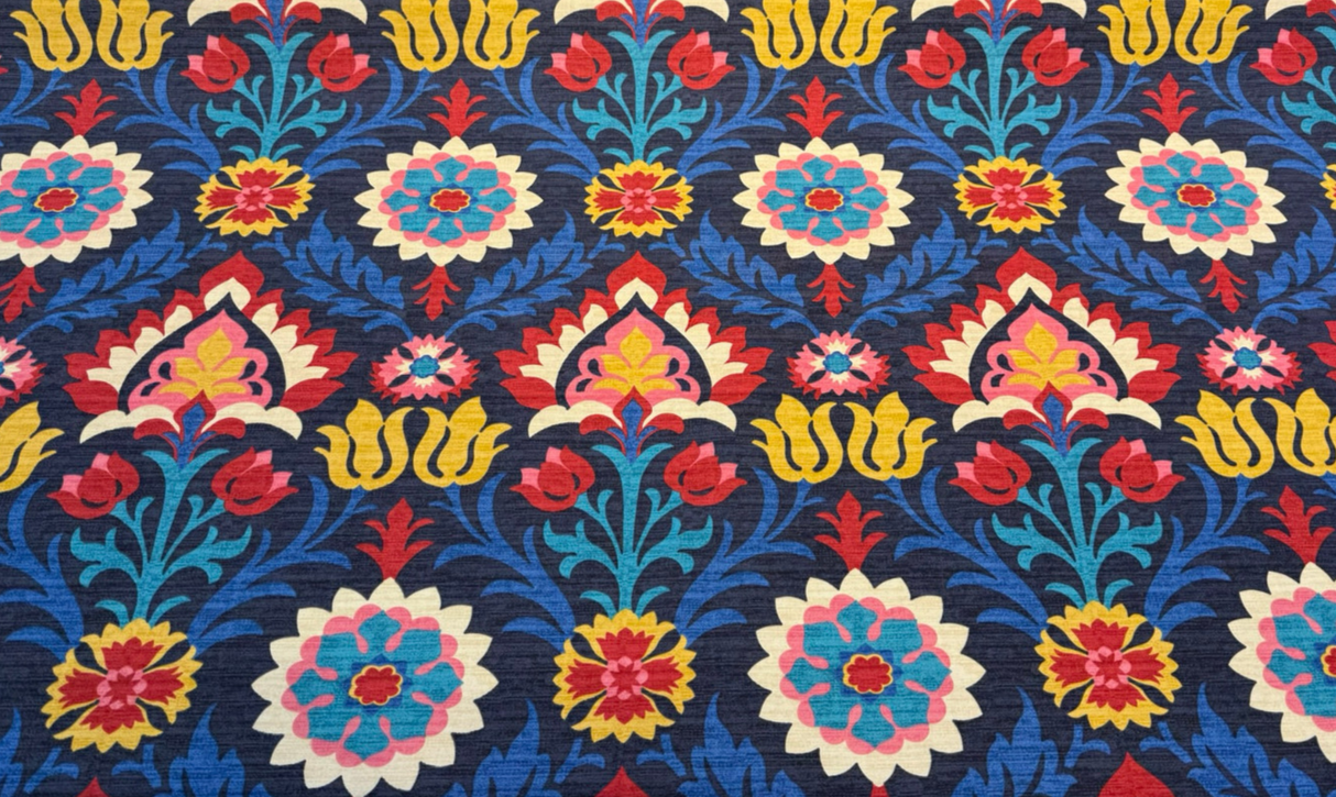 Santa Maria Lapis Printed Cotton Duck Fabric - Floral Damask, Cream/Navy Blue/Maroon, 54" Width (1 Yard)