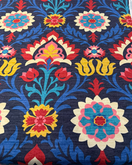 Santa Maria Lapis Printed Cotton Duck Fabric - Floral Damask, Cream/Navy Blue/Maroon, 54" Width (1 Yard)