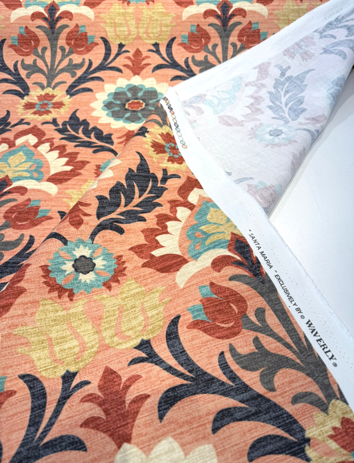 Waverly Santa Maria Sunset Cotton Duck Fabric - Floral Damask, Blush Coral, 54" Width (1 Yard)