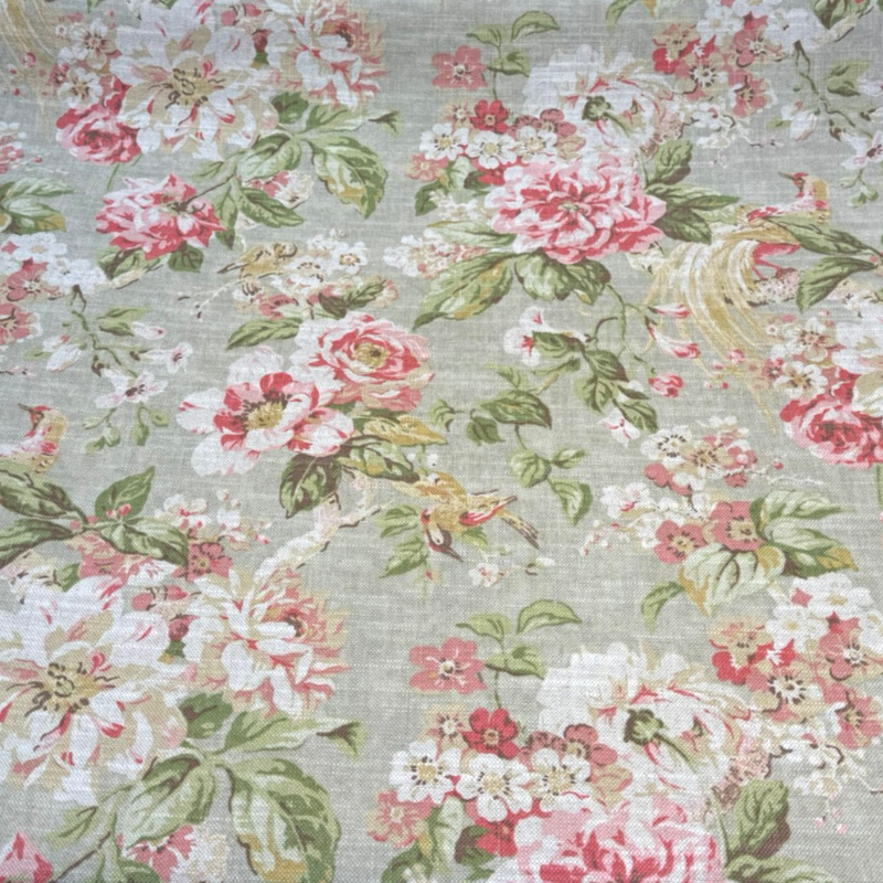 Hidden Pond Cotton Linen Fabric - Apricot Vintage Floral With Birds, 54" Width (1 Yard)