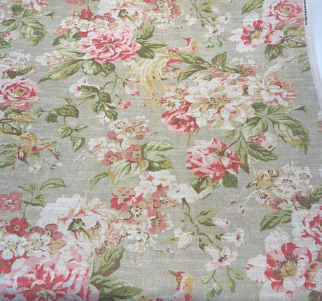 Hidden Pond Cotton Linen Fabric - Apricot Vintage Floral With Birds, 54" Width (1 Yard)