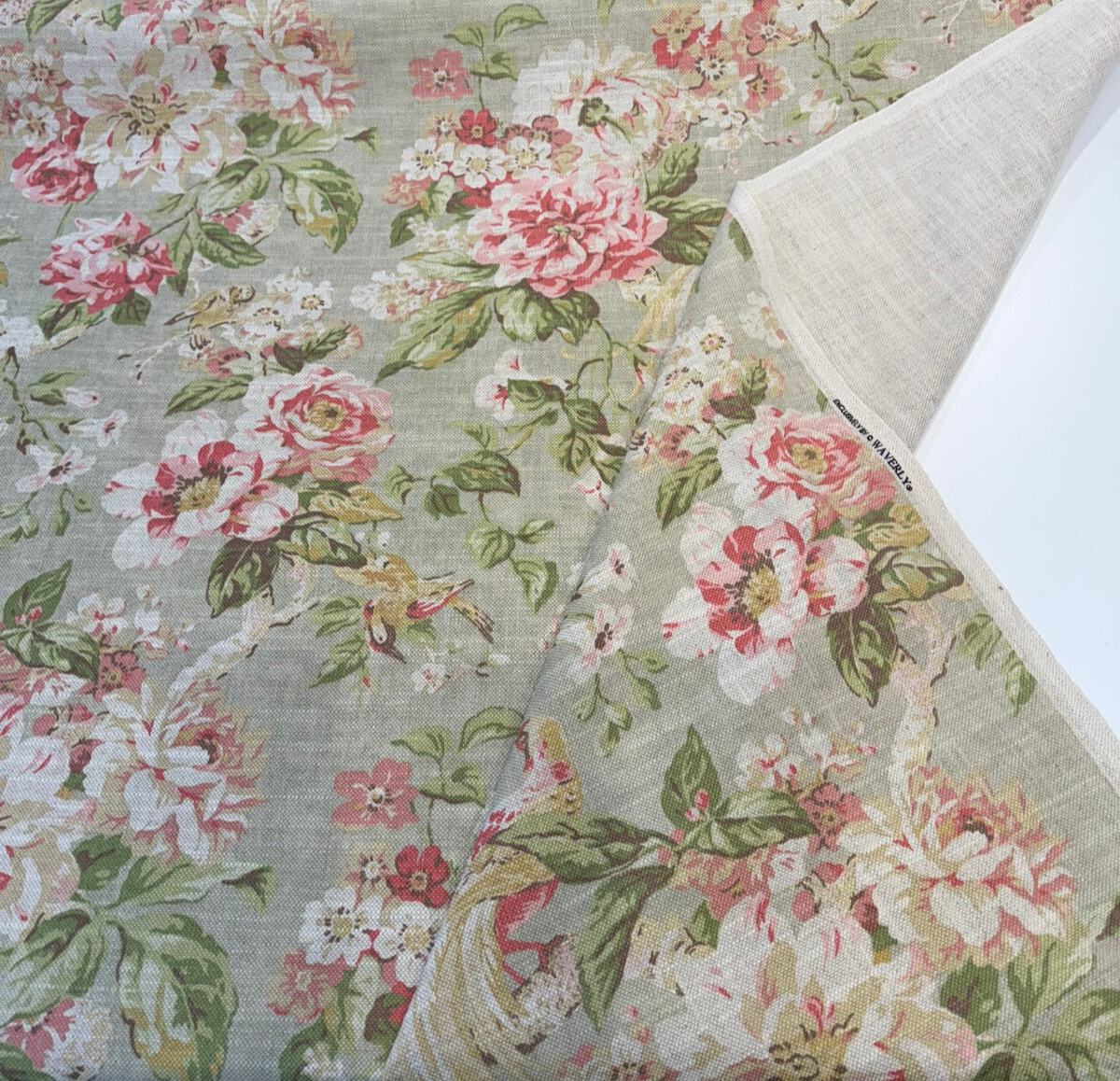 Hidden Pond Cotton Linen Fabric - Apricot Vintage Floral With Birds, 54" Width (1 Yard)