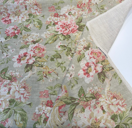 Hidden Pond Cotton Linen Fabric - Apricot Vintage Floral With Birds, 54" Width (1 Yard)