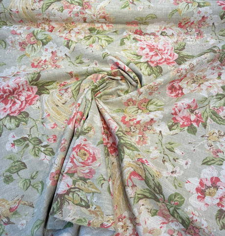Hidden Pond Cotton Linen Fabric - Apricot Vintage Floral With Birds, 54" Width (1 Yard)