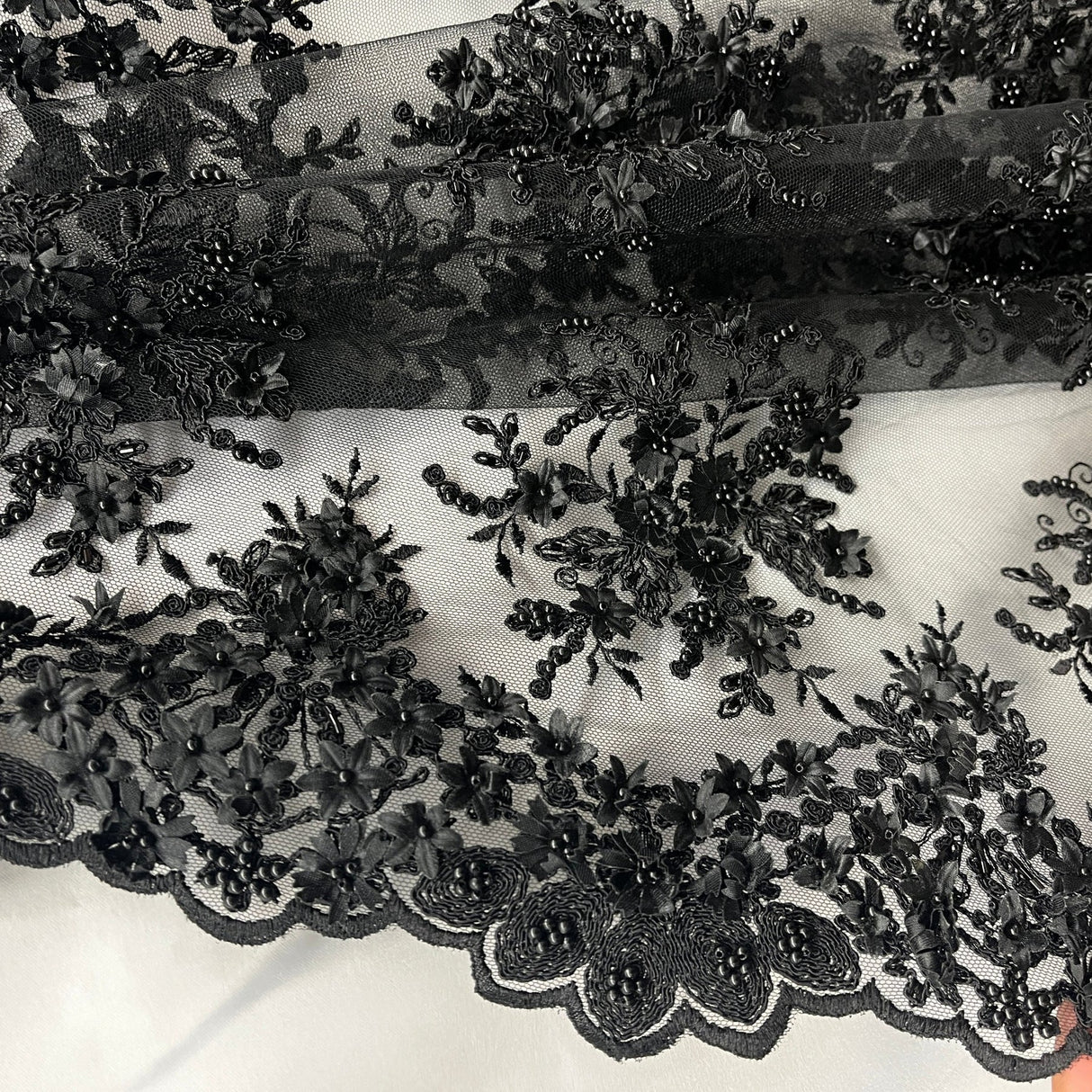 1 Yard Beaded 3D Floral Lace Fabric Embroidered 100 Percent Polyester Net Mesh 50 inch Width