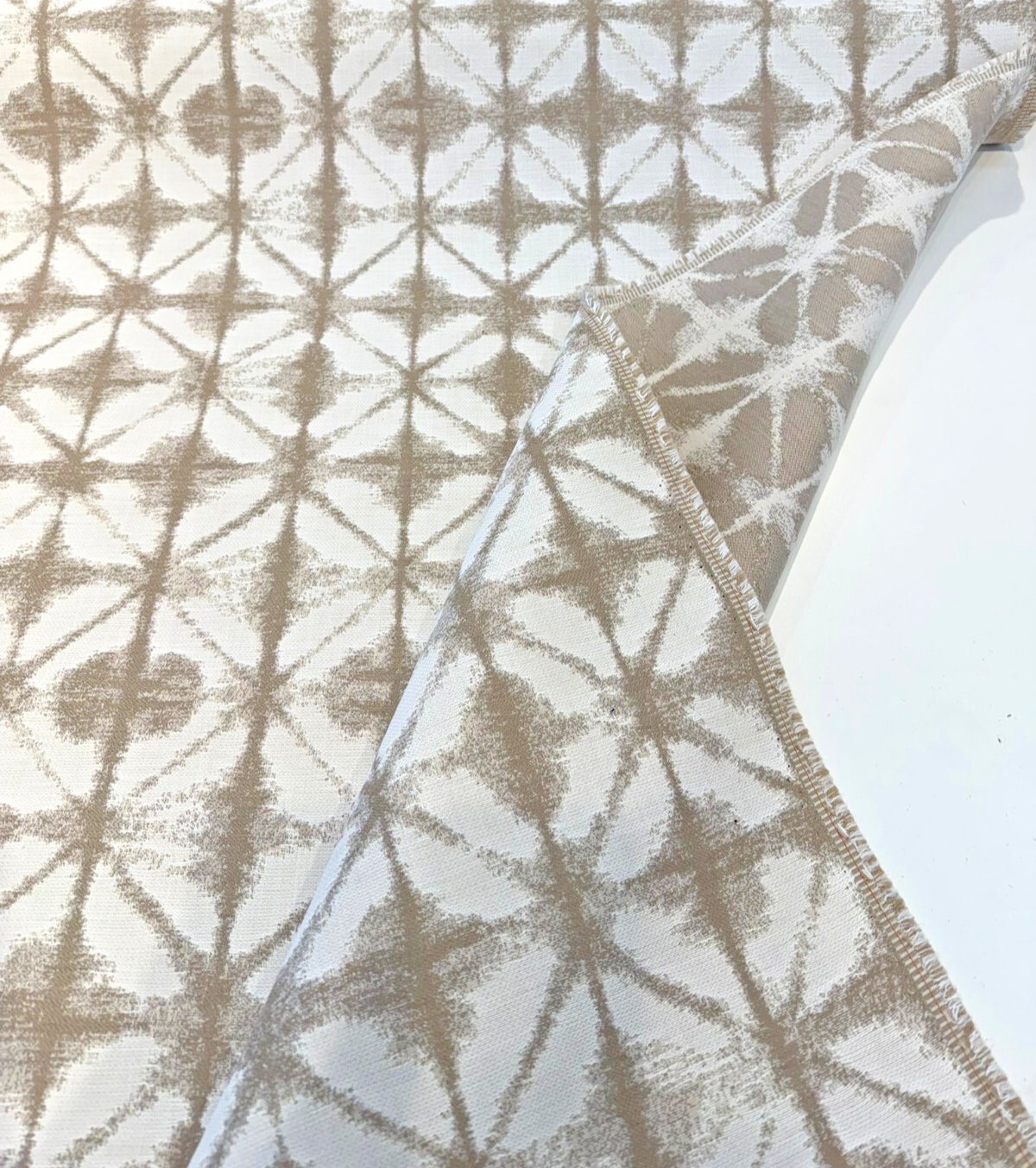 Sunbrella Midori Sand Solution-Dyed Acrylic Fabric - Geometric Batik-Style Motif, Sand/Beige/Ivory, 54" Width (1 Yard)