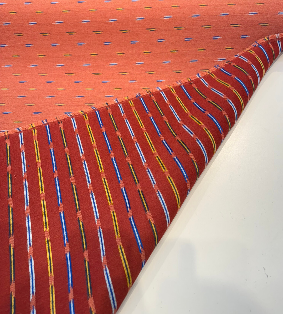Sunbrella Bahasa Mesa Acrylic Fabric - Burnt Rust Multicolor Dash Pattern, 54" Width (1 Yard)