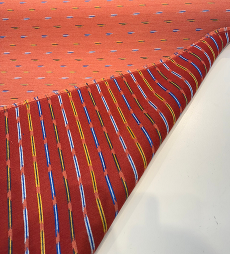 Sunbrella Bahasa Mesa Acrylic Fabric - Burnt Rust Multicolor Dash Pattern, 54" Width (1 Yard)